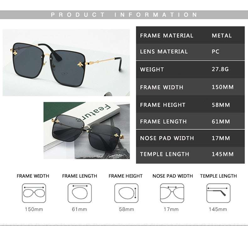 Lunettes de soleil carrées sans monture pour femme avec verres dégradés UV400 et branches dorées, posées sur un carnet blanc. Accessoire tendance mode.