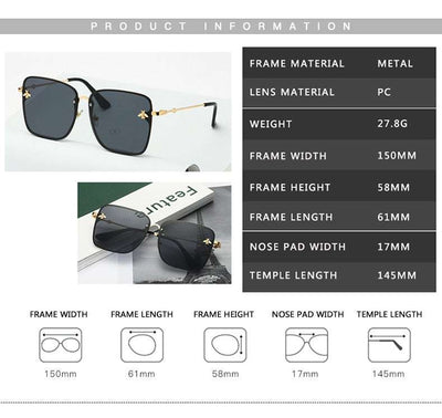 Lunettes de soleil carrées sans monture pour femme avec verres dégradés UV400 et branches dorées, posées sur un carnet blanc. Accessoire tendance mode.